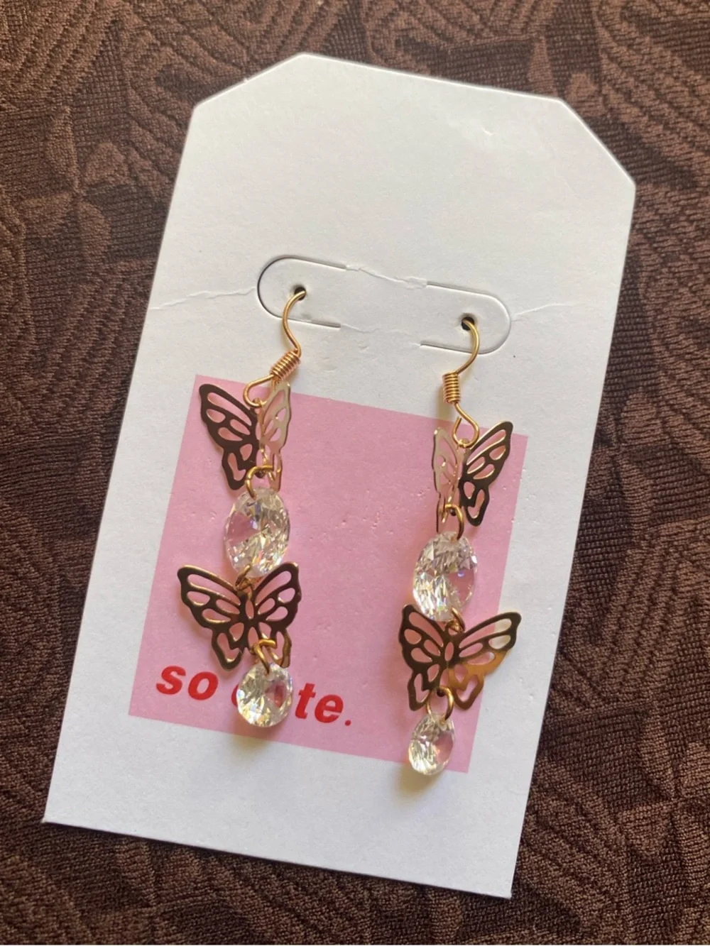 Gold Butterfly Dangle Earrings with Clear Crystals Rhinestone Drops Y2K - Picture 2 of 5